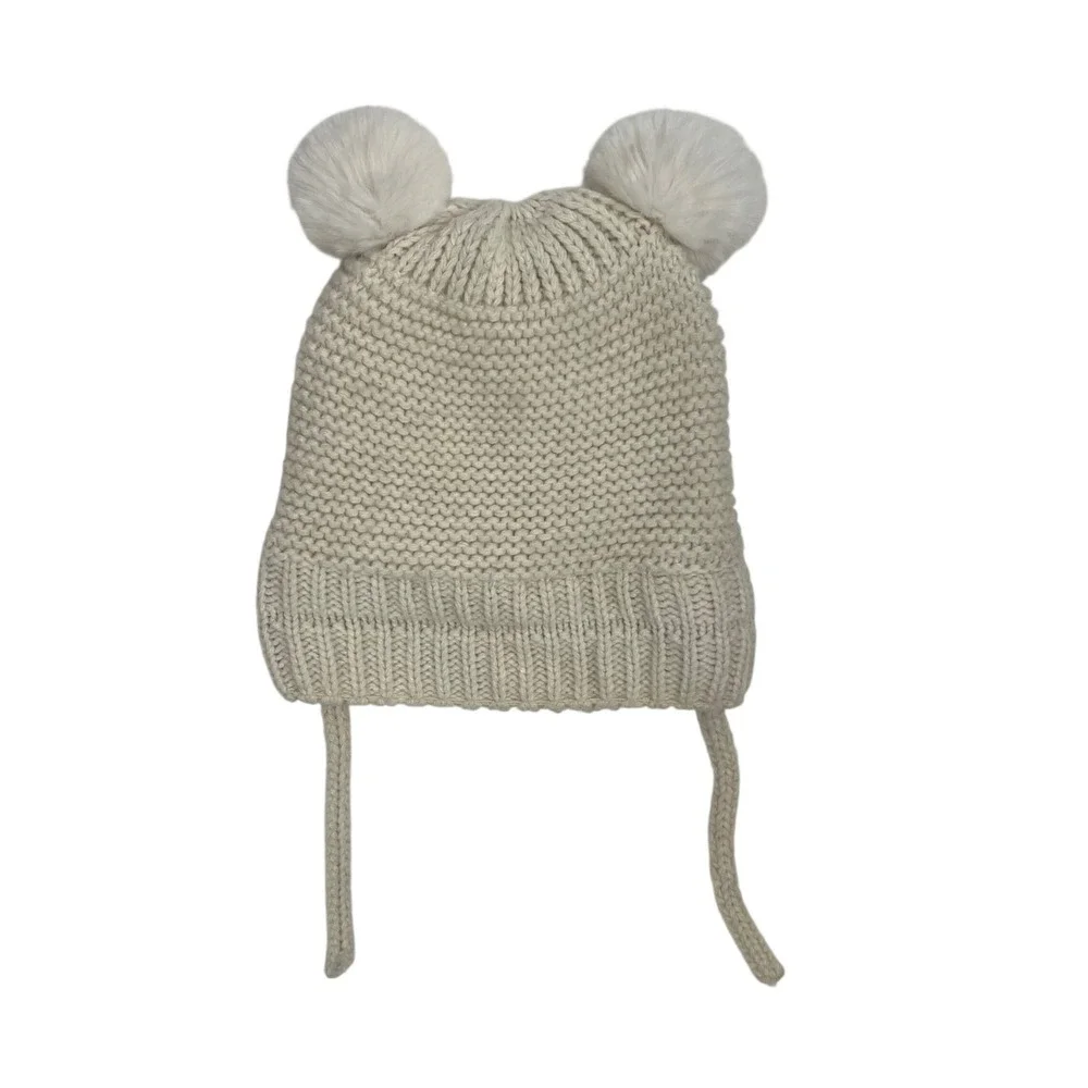 Zara Baby Bear Ear Knit Hat‎ Cream White Pom Pom Winter Toddler